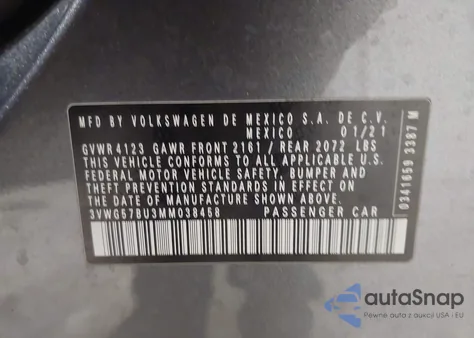2021 Volkswagen Jetta 1.4T Sel Premium z USA, uszkodzony, nr VIN 3VWG57BU3MM038458